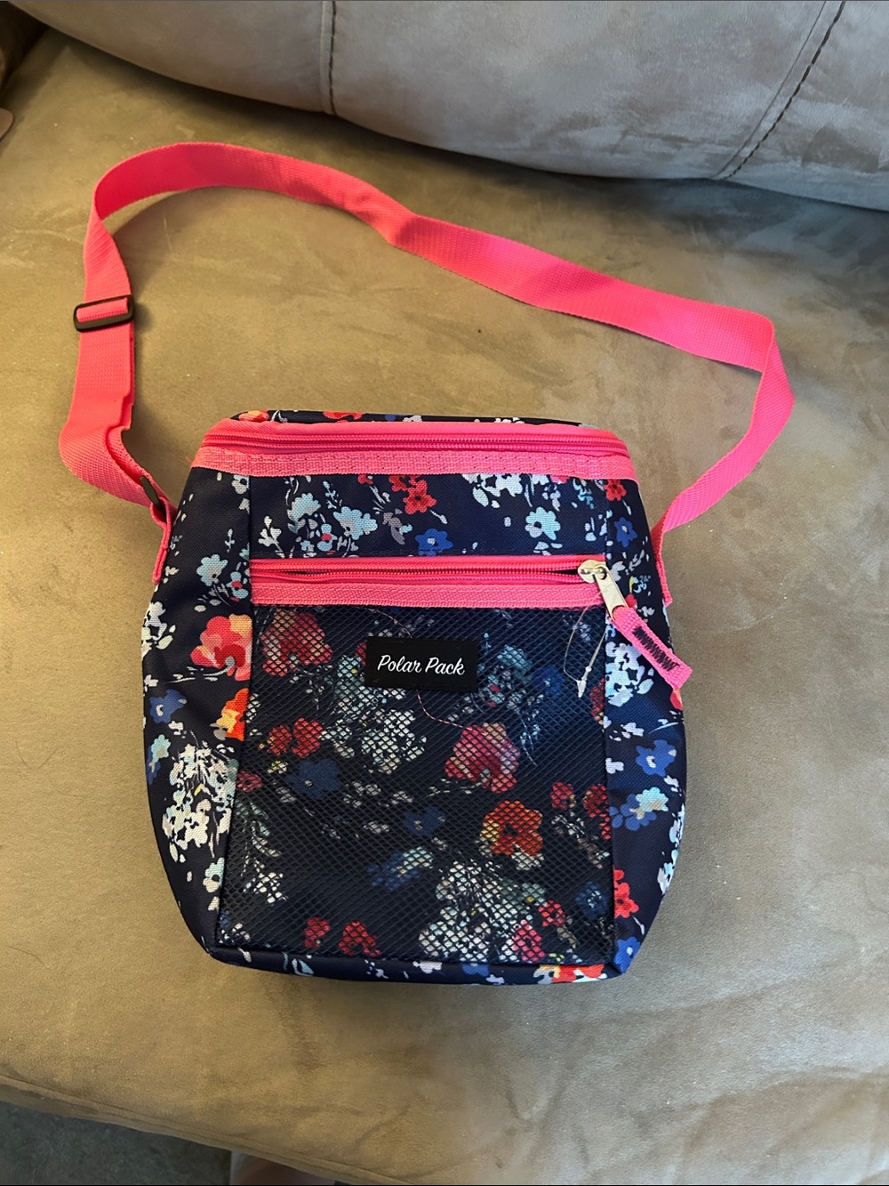 Floral Cooler Bag in Navy with Pink Strap